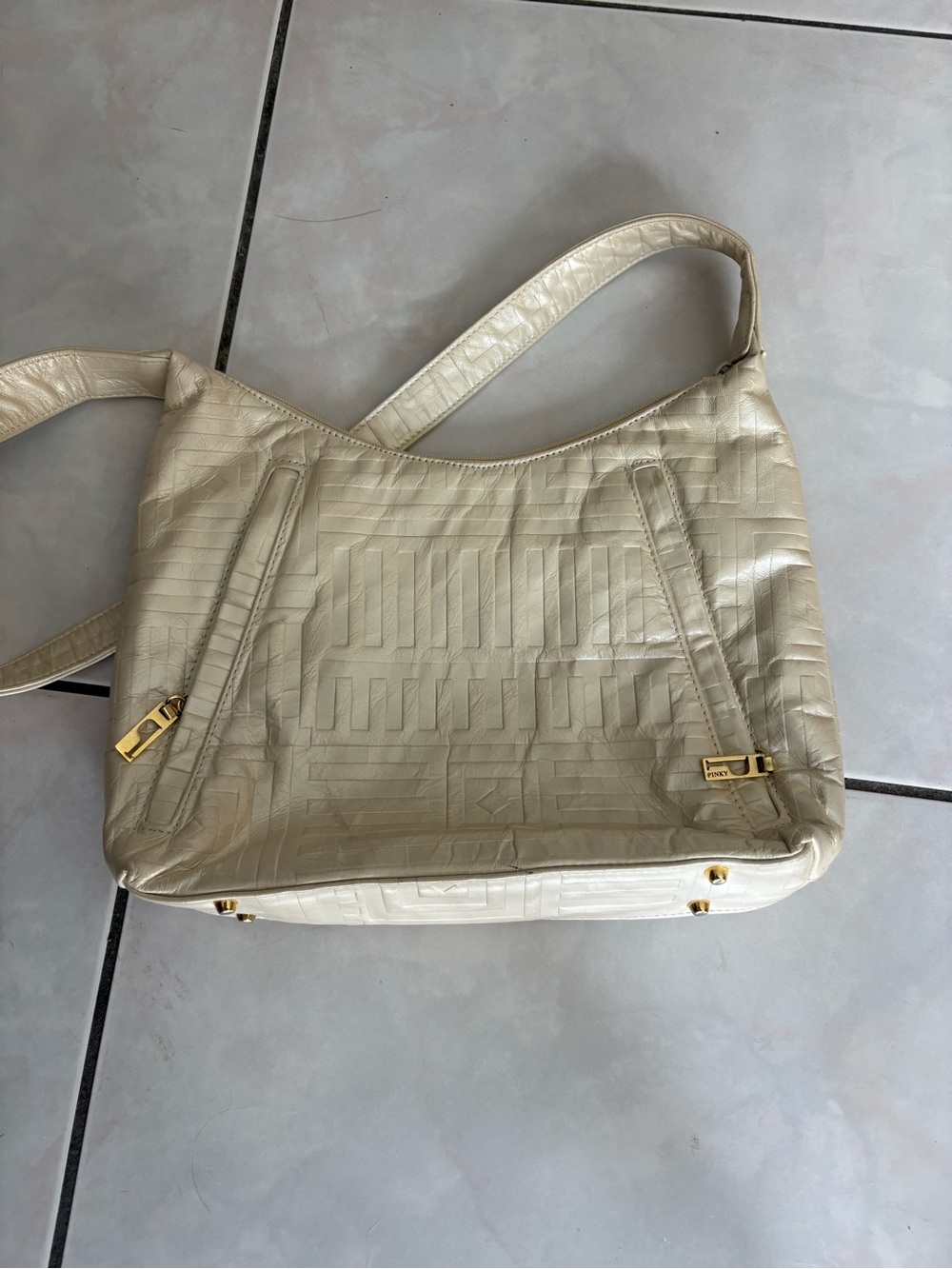 Pinky Bag in Cream Embossed Leather Shoulder Bag with Gold Hardware